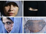 Musulmonių apdarai: hidžabas (kairėje viršuje), nikabas (dešinėje viršuje), čadra (kairėje apačioje) ir burka