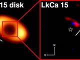 Keckobservatory.org nuotr./Kaip gimsta protoplaneta: kairėje – žvaigždės „LkCa 15“ ir ją supančių dujų bei dulkių debesies vaizdas. Dešinėje – priartinta centrinė dalis, kurioje pažymėta žvaigždės vieta ir matyti besiformuojanti planeta.