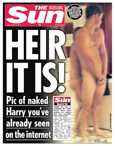Laikraščio pirmasis puslapis/„The Sun“ nutarė išspausdinti nuogo princo Harry nuotraukas