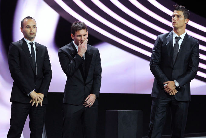 Reuters/Scanpix nuotr./Andresas Iniesta, Lionelis Messi ir Cristiano Ronaldo 