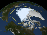 NASA nuotraukoje akivaizdžiai matyti, kaip Arktyje sumažėjo ledo – geltona spalva žymimos ribos rodo per pastaruosius 30 metų vidutinę teritoriją, kurią gaubė ledas.