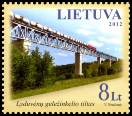 „Lietuvos pašto“ nuotr./Pašto ženklas, kuriame pavaizduotas ilgiausias ir aukščiausias Lietuvoje esantis Lyduvėnų geležinkelio tiltas