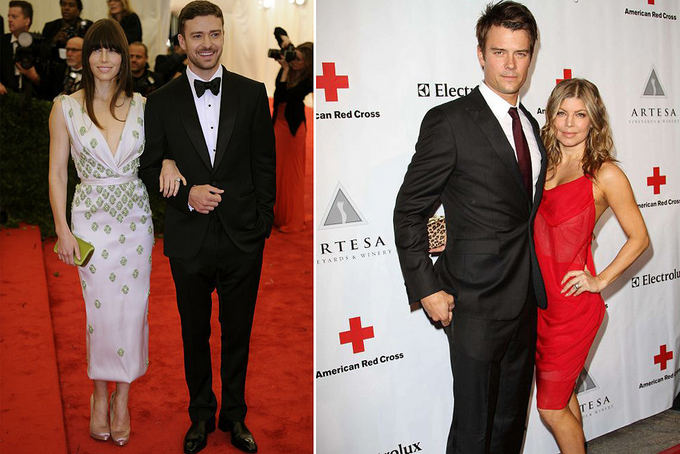 Scanpix nuotr./Kairėje: aktorė Jessica Biel ir atlikėjas Justin Timberlake; deainėje: atlikėja Fergie ir aktorius Joshas Duhamelis