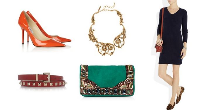 Nuotraukoje: Jimmy Choo bateliai, Valentino diržas, Oscardela Renta kaklo papuoaalas, Matthew Williamson delninukė, The Row megzta suknelė.