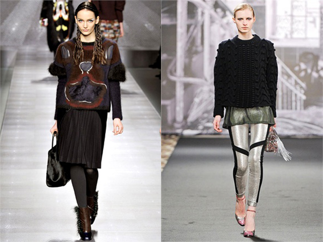 Mados namų nuotr./Megztinio rankovės trumpos arba megztinis nedengiantis palaidinės kraatų. Esmė detalėse. Ia kairės: Fendi, Just Cavalli žiemos 2012-2013 kolekcijos. 