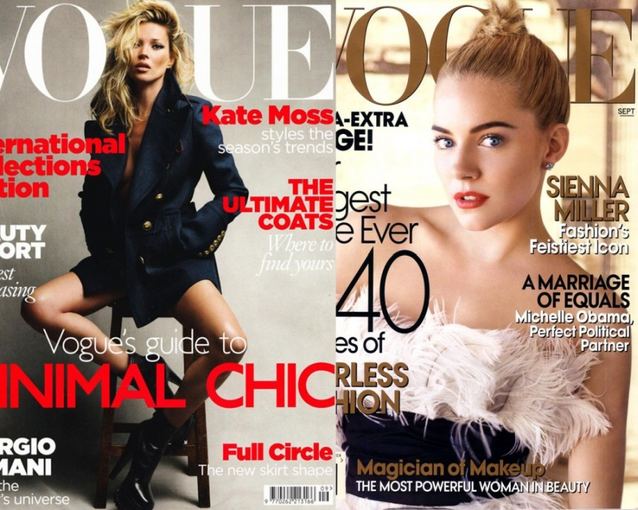 Vogue „Facebook“ paskyros nuotraukos./Iš kairės: Kate Moss ir Sienna Miller. 