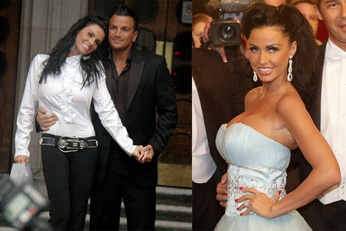 Scanpix nuotr. / Ia kairės: modelis Katie Price pozuoja su savo tuometiniu sutuoktiniu Peter Andre po teismo bylos su ,,News of the World laikraačiu dėl ameižto apie neatsakingą tėvystę. Deainėje: Katie Price Nacionalinėje Vienos Operoje. 