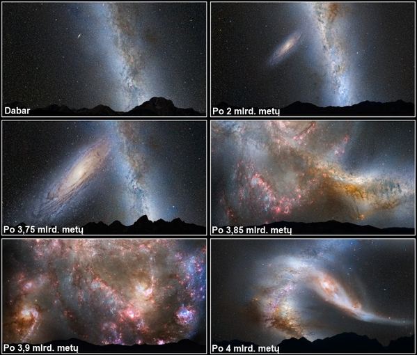 NASA/ESA iliustr./Po milijardų metų Andromedos galaktika susilies su Paukščių Taku. 