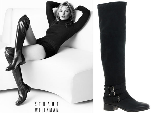 Stuart Weitzman katalogo ir asos.com nuotr. /Ia kairės: Kate Moss aių metų rudens Stuart Weitzman reklaminėje kampanijoje, deainėje: odiniai Asos batai su sagtelėmis.