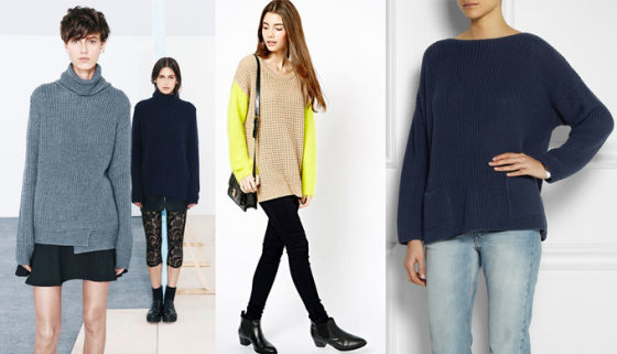 Iš kairės: Zara rudens katalogas iš zara.com. RRP megztinis geltonomis rankovėmis iš asos.com; Chinti and Parker tamsiai mėlynas megztinis iš net-a-porter.com.