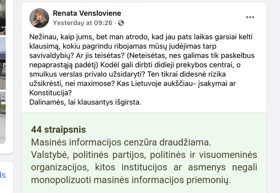 Photo from Facebook / Valstietė Renata Venslovienė outraged by movement restrictions in Lithuania