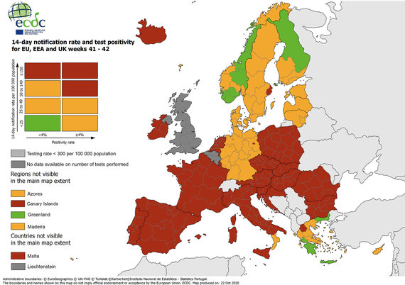 The European Center for Disease Prevention and Control publishes a color breakdown of countries.  October 22