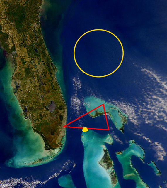 Wikimedia Commons / Red Triangle - Flight 19's planned route. The yellow circle is where the squadron is believed to have disappeared.