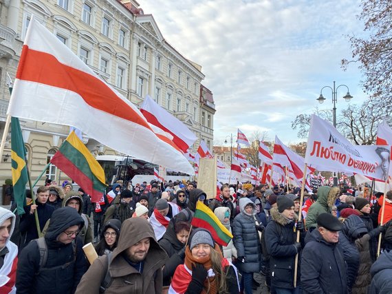 Photo by Valdas Kopūstas / 15min / Belarusians with their flags during 1863–1864.  rebel funeral in Vilnius