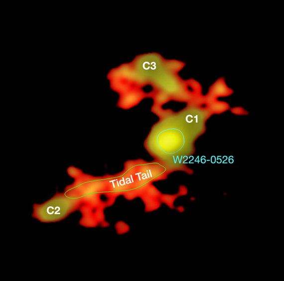NASA nuotr./Tarpgalaktinis kanibalizmas: centri esanti galaktika W2246-0526 maitinasi savo kaimynėmis C1, C2 ir C3