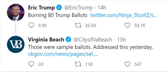 Screenshot / Eric Trump complains of allegedly burning ballots