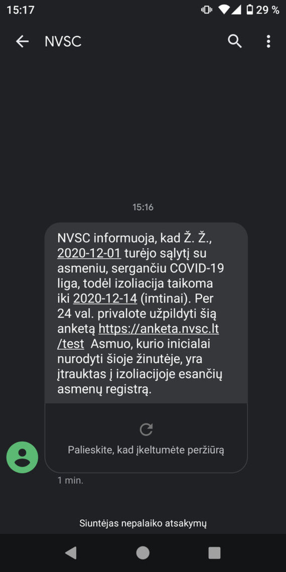 NVSC photo / Example of an official message sent by an NVSC