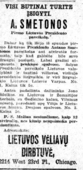 Reklama iš JAV lietuvių laikraščio „Draugas“/A.Smetonos paveikslus įsigyti kviečianti reklama tarpukario Lietuvos laikraštyje „Draugas“