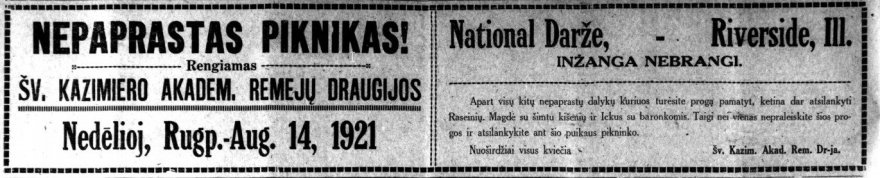 Reklama iš JAV lietuvių laikraščio „Draugas“/Į pikniką ateiti kviečiantis skelbimas tarpukario Lietuvos laikraštyje „Draugas“